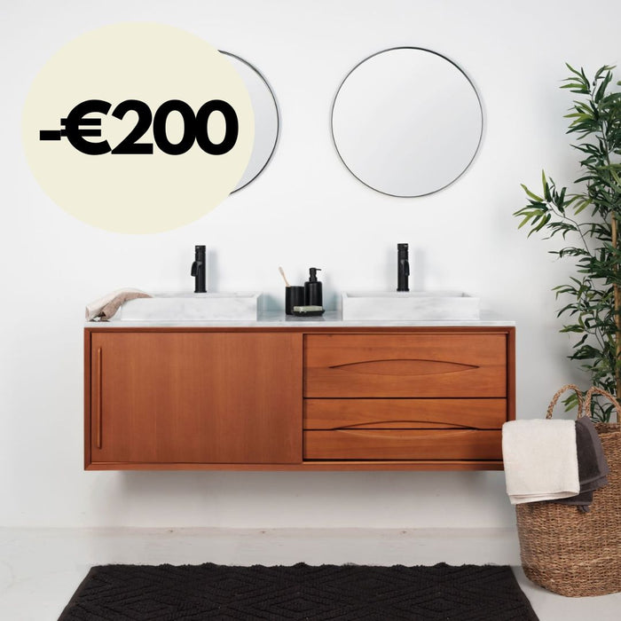 Retro badkamermeubel Bill Teak - Wit Marmer - Wasbak met kraangat