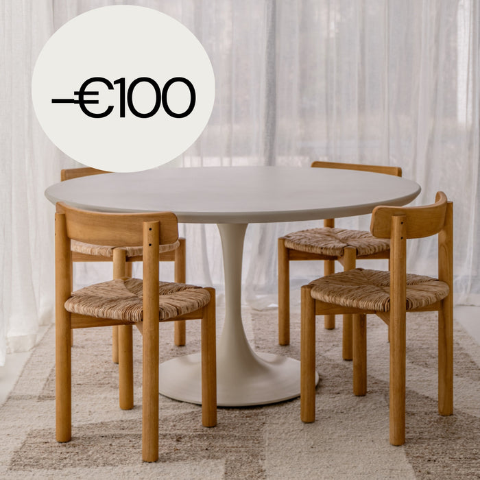 Mesa de comedor redonda Camille – Forma de tulipán – MicroSkin Latte Nublado – 140 cm