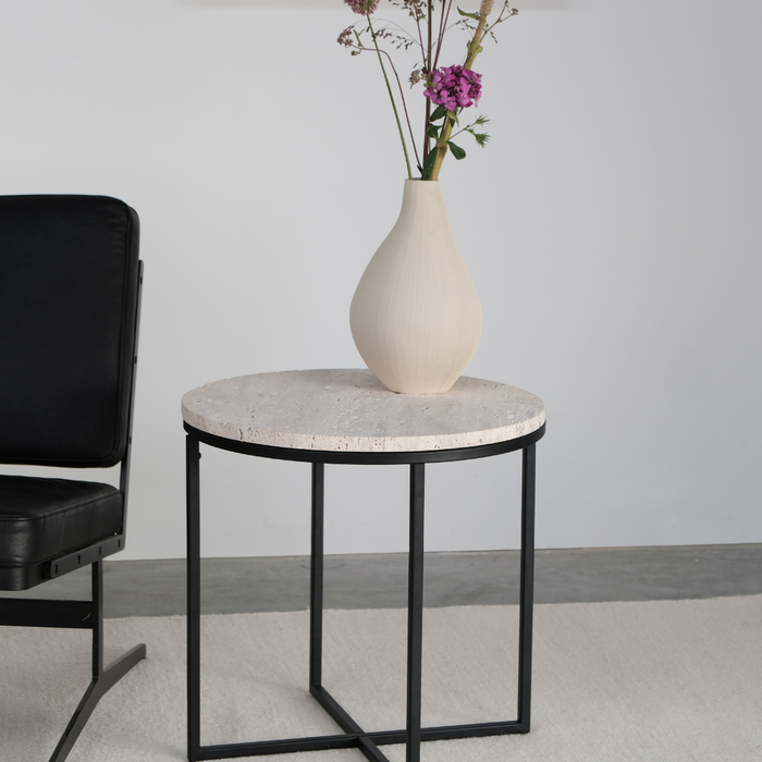 Rosie side table - White sandstone - Travertine - matt black legs - Small - 50x45