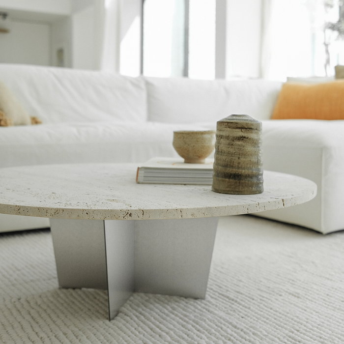 Round coffee table Bonzac - 90 cm - Stainless steel - White Travertine - Unfilled