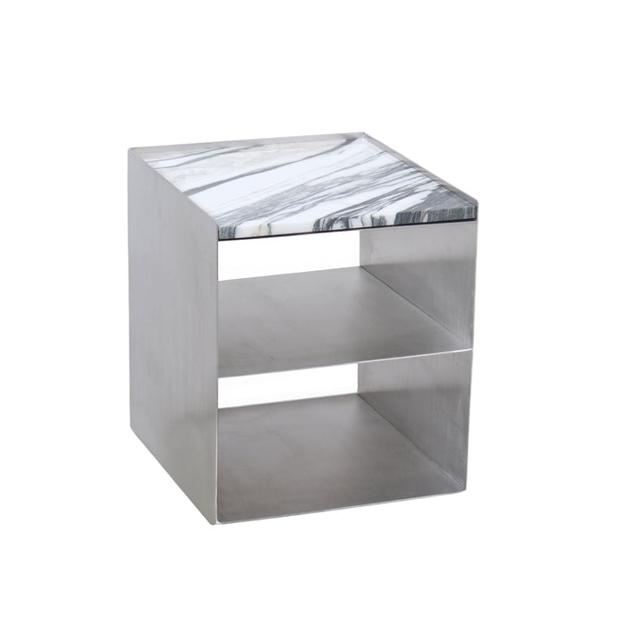 Coffee table Sofia B43 D38 H43.3 - Brushed steel - White Travertine top - Straight edge