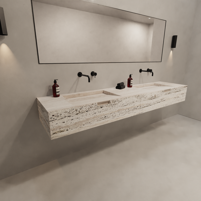 Mueble de baño Loudun con lavabo doble - Travertino blanco - 210 cm