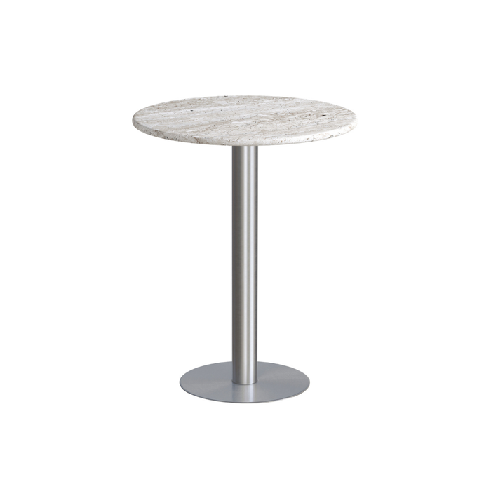 Mesa alta redonda Erik W60 D60 H75 – Estructura de acero cepillado – Tablero de mesa blanco travertino