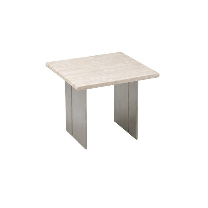 Bijzettafel Riva B55 D55 H45 - Geborsteld staal poot - Wit travertijn tafelblad - Satijnen afwerking