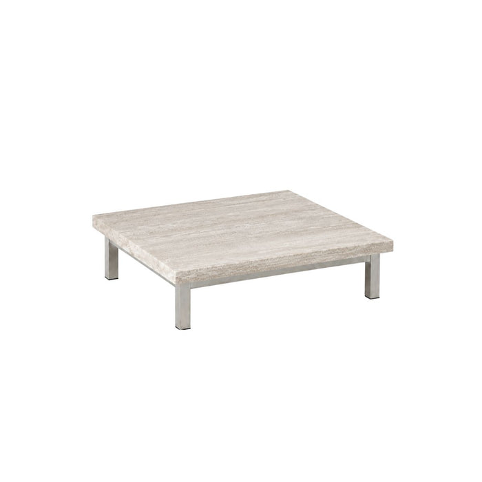 Salontafel Marais - B80 D80 H20 - Geborsteld stalen poten - Wit travertijn tafelblad - Rechte rand - Tafelblad 5 cm (kopie)