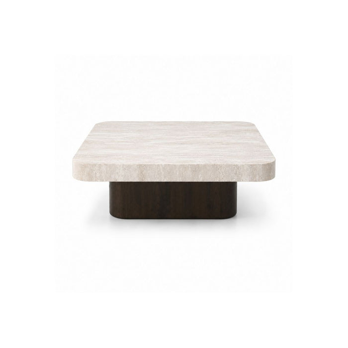 Table basse Puro L80 P80 H25 - Piètement gris fumé - Plateau en travertin blanc - Double bord droit