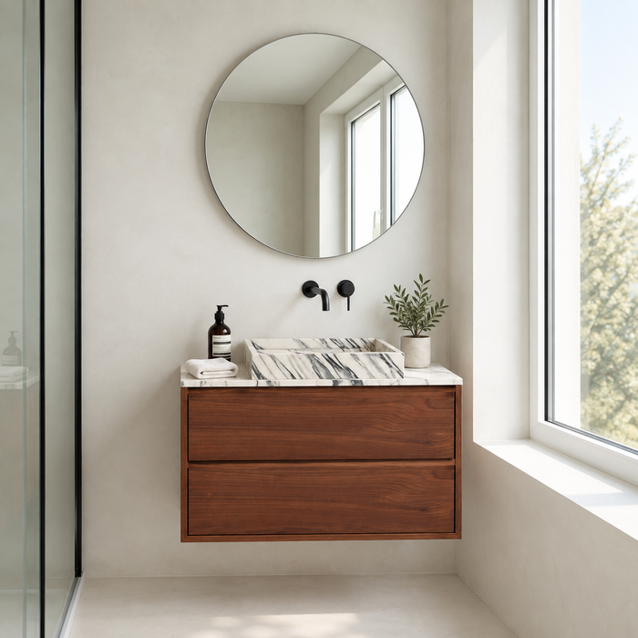 Set de salle de bain noyer Ann - Marbre Bleu / Blanc - 80 cm