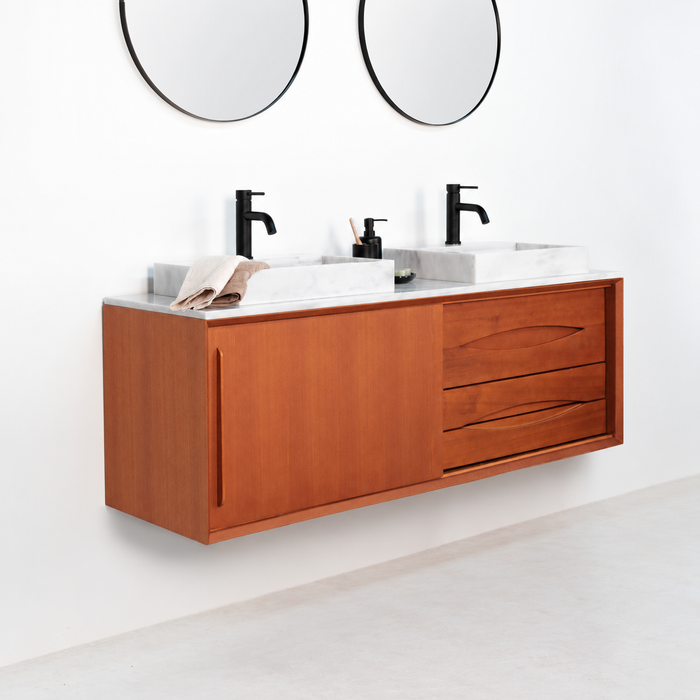 Mueble de baño retro Bill Teca - Mármol Blanco - Lavabo con orificio para grifería