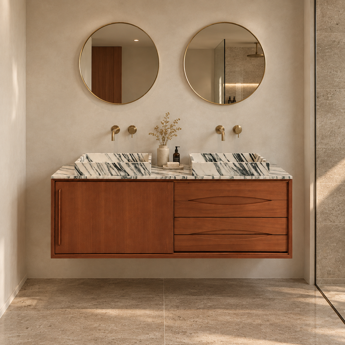 Mueble de baño Bill Teak - Lavabo/lavaplatos de mármol azul y blanco