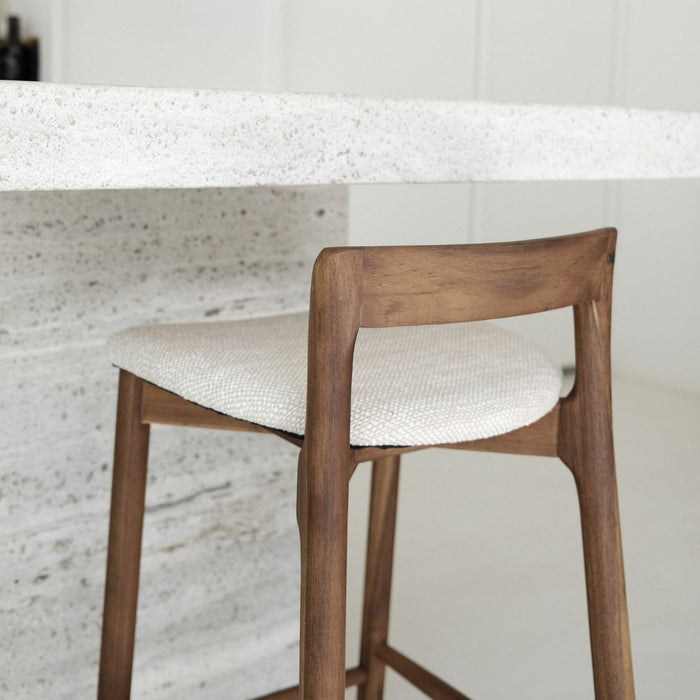 Barhocker Charmes - Akazie Walnuss - Stoffsitz - Sandstein gemusterter Webstoff - 75 cm Sitzhöhe