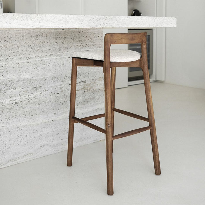 Barhocker Charmes - Akazie Walnuss - Stoffsitz - Sandstein gemusterter Webstoff - 75 cm Sitzhöhe