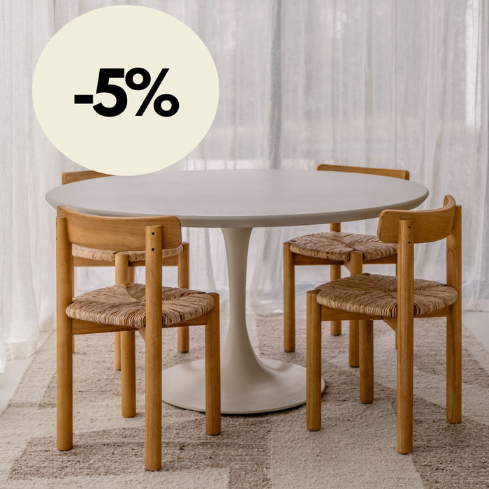 Mesa de comedor redonda Camille – Forma de tulipán – MicroSkin Latte Nublado – 140 cm