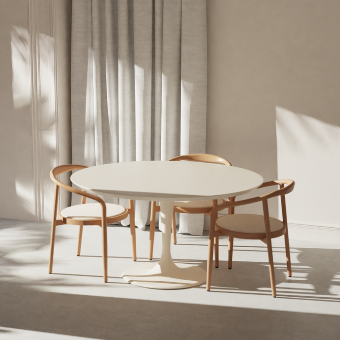 Dining Table Camille – Round Tulip Table in Latte StoneSkin – Ø140 cm | Modern Design Dining Table