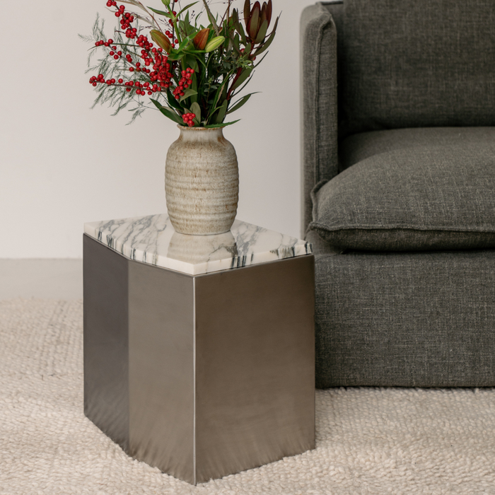 Metal coffee table - Creully - Brushed steel with Blue white marble