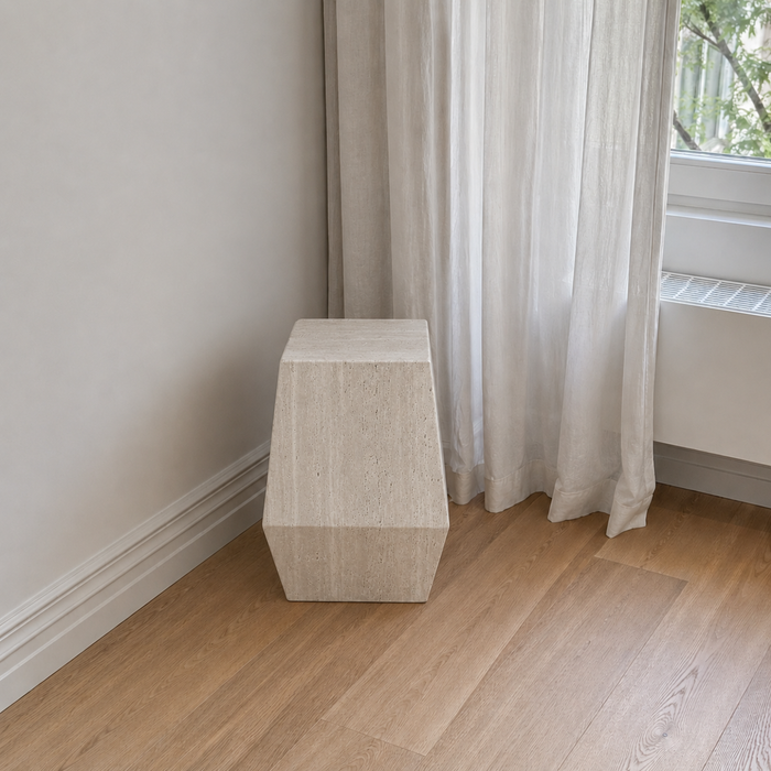 Mesa auxiliar Soma - Ancho 32 Profundidad 26 Altura 45 - Travertino sin rellenar - Blanco