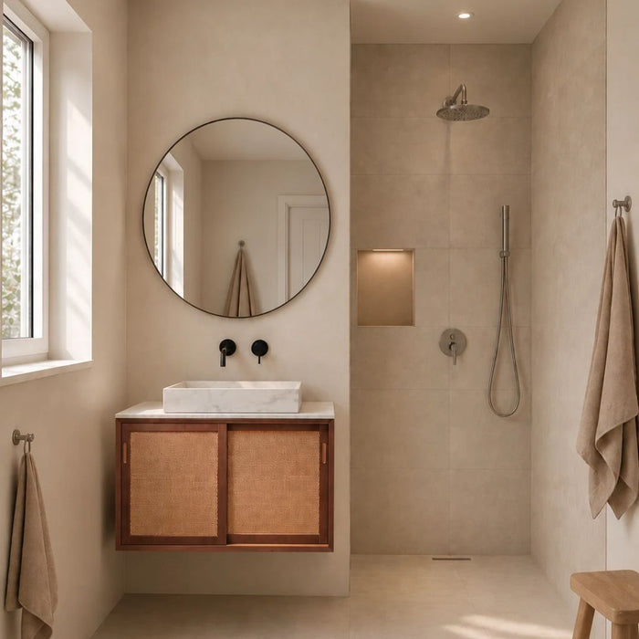 Mueble de lavabo vintage Nestor de teca y ratán con lavabo de mármol blanco 80 cm